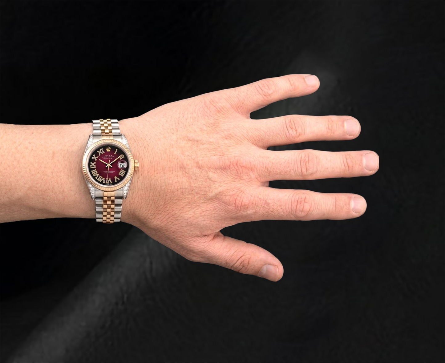 Rolex Datejust 36 mm 16013 Bicolor-Uhr mit rotem römischem Diamantzifferblatt