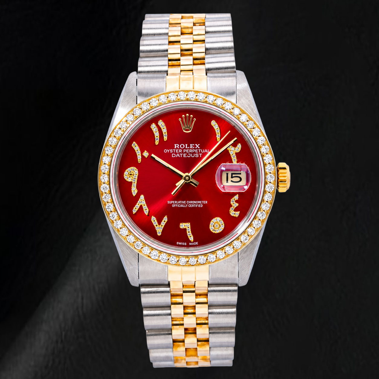 Rolex Datejust 36 mm 16013 Bicolor-Uhr mit rotem arabischem Diamantzifferblatt