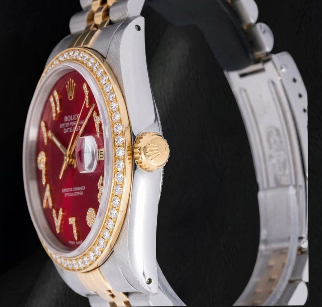 Rolex Datejust 36 mm 16013 Bicolor-Uhr mit rotem arabischem Diamantzifferblatt