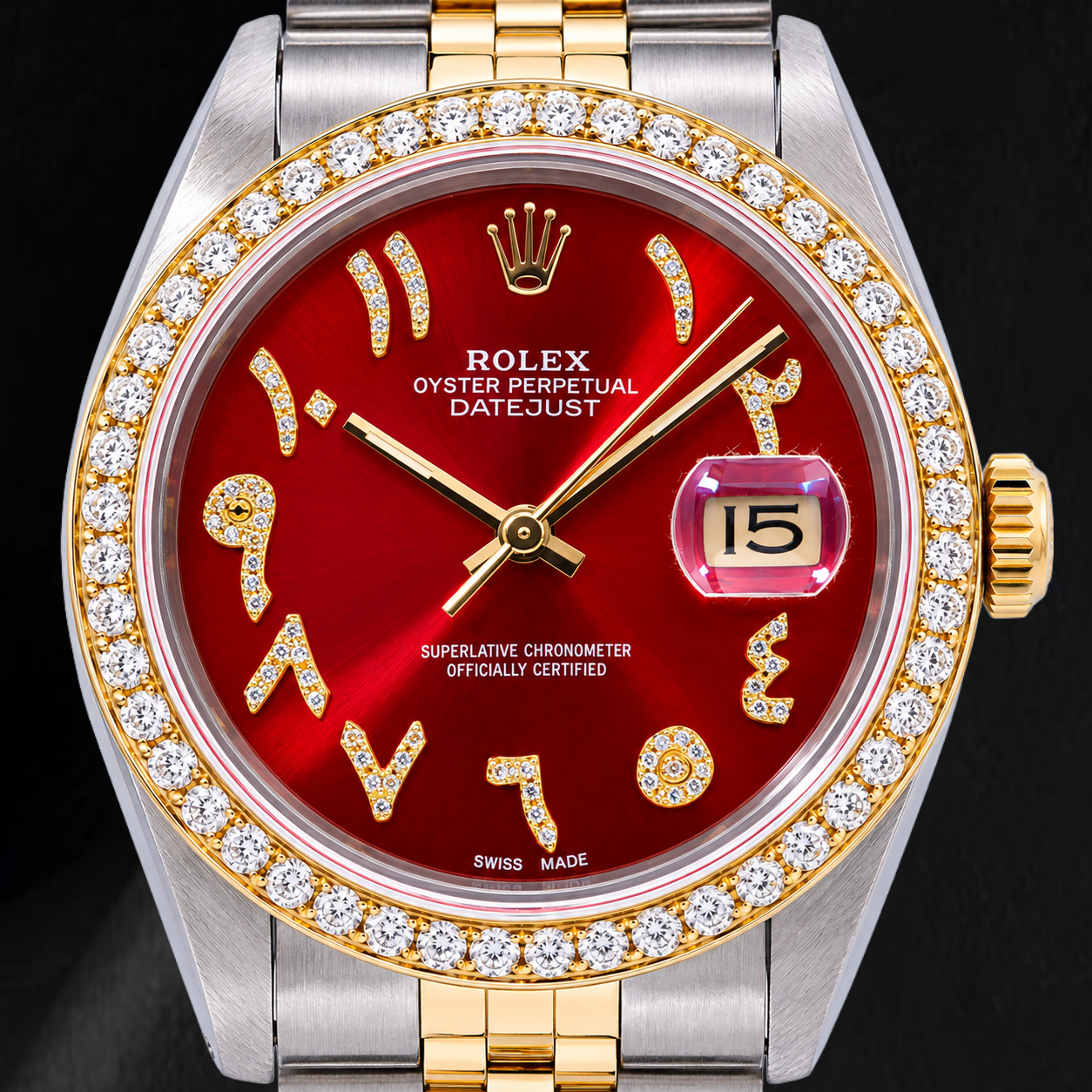 Rolex Datejust 36 mm 16013 Bicolor-Uhr mit rotem arabischem Diamantzifferblatt