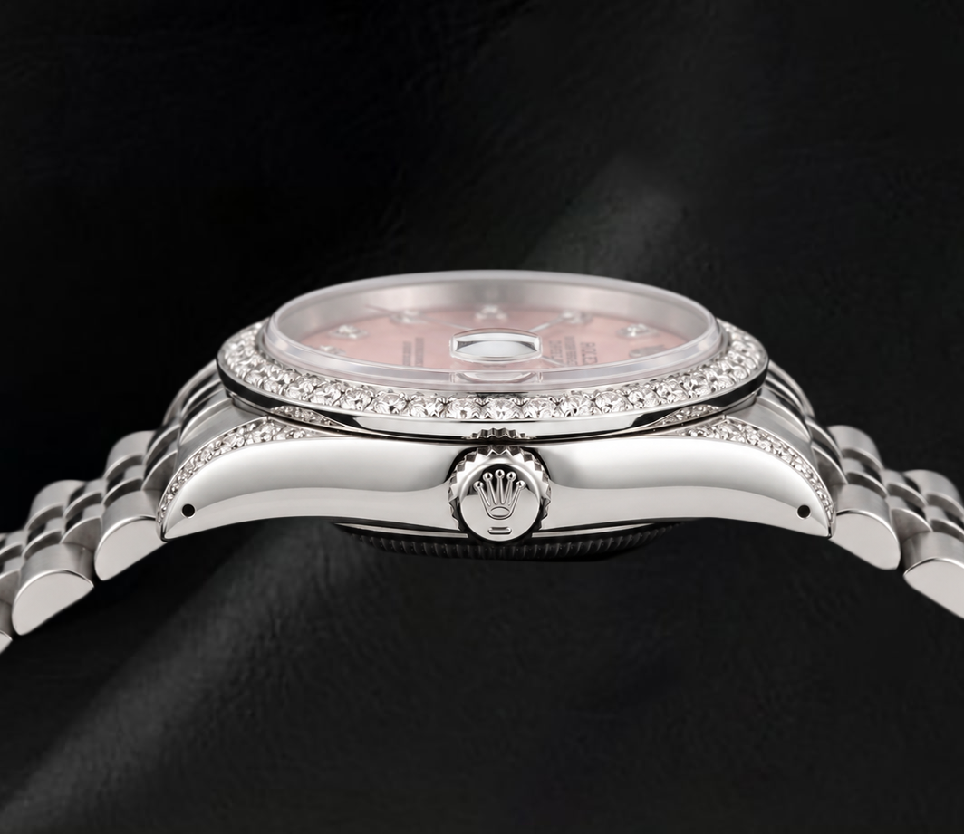 Rolex Datejust 36mm 16200 Edelstahl-Armbanduhr mit rosa Diamantzifferblatt und Diamantlünette