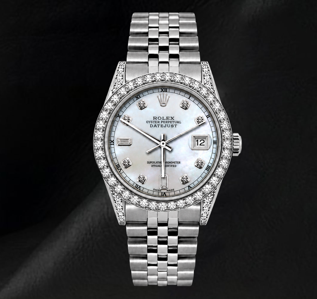 Rolex Datejust 36 mm 16200 Edelstahl-Uhr mit Diamantzifferblatt aus weißem Perlmutt