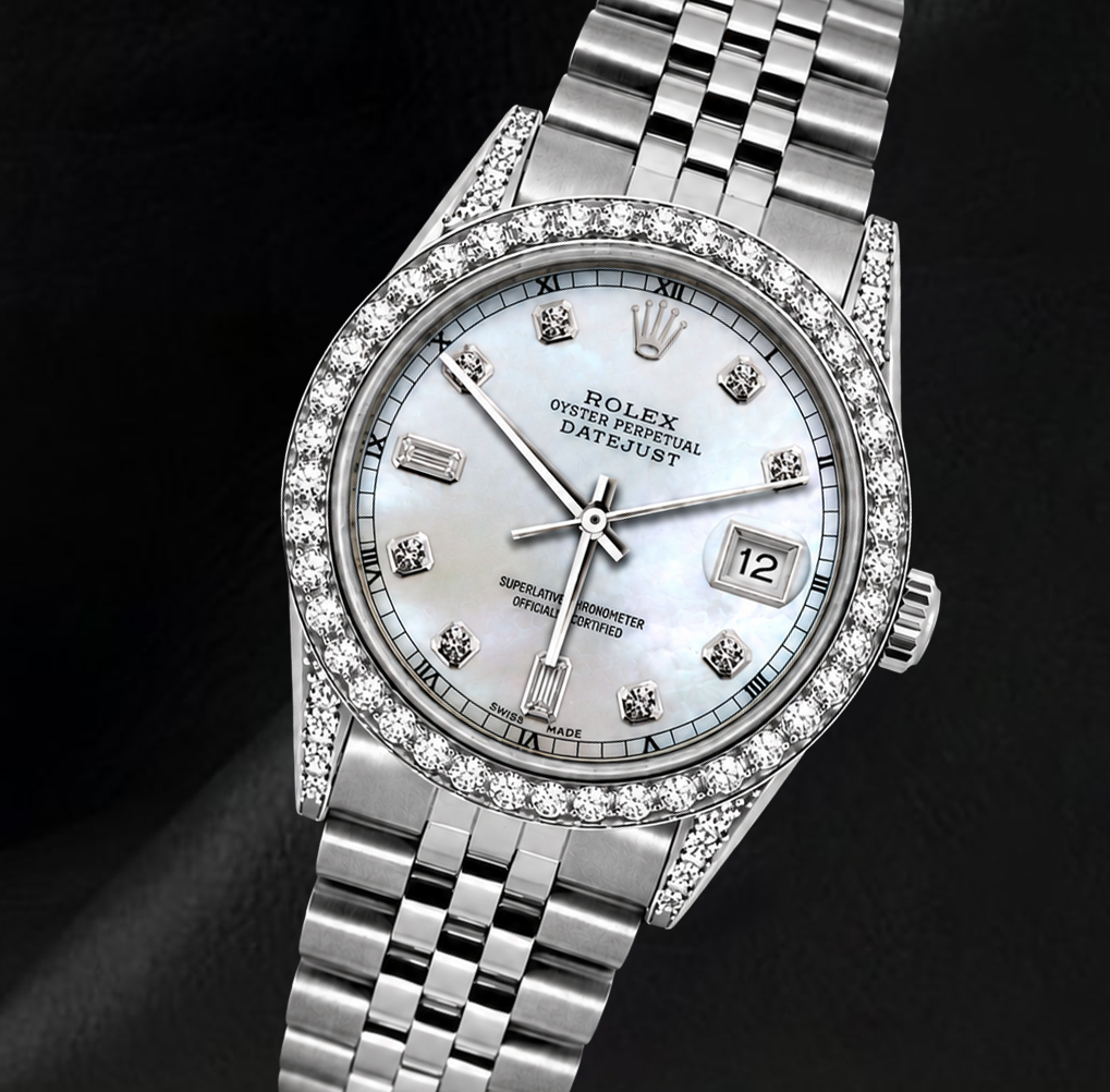 Rolex Datejust 36 mm 16200 Edelstahl-Uhr mit Diamantzifferblatt aus weißem Perlmutt