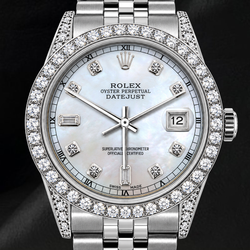 Rolex Datejust 36 mm 16200 Edelstahl-Uhr mit Diamantzifferblatt aus weißem Perlmutt