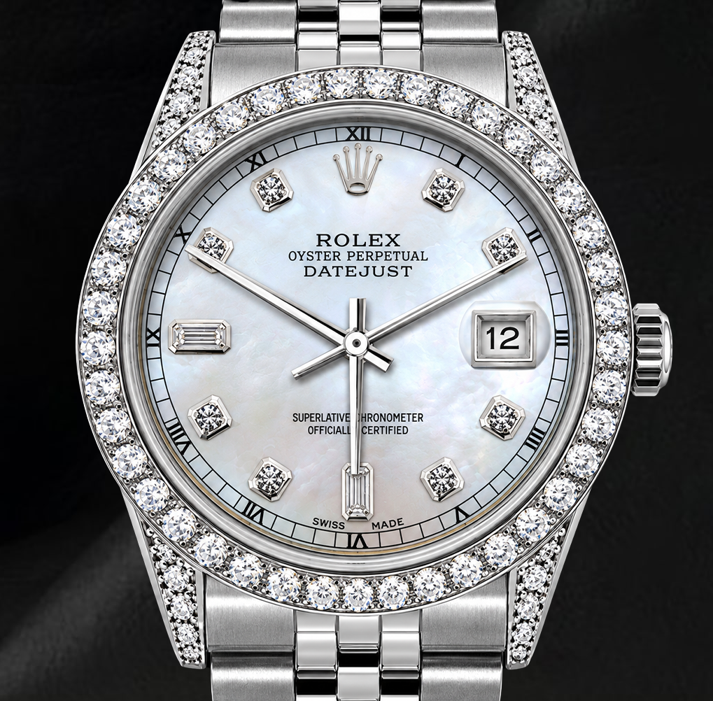 Rolex Datejust 36 mm 16200 Edelstahl-Uhr mit Diamantzifferblatt aus weißem Perlmutt