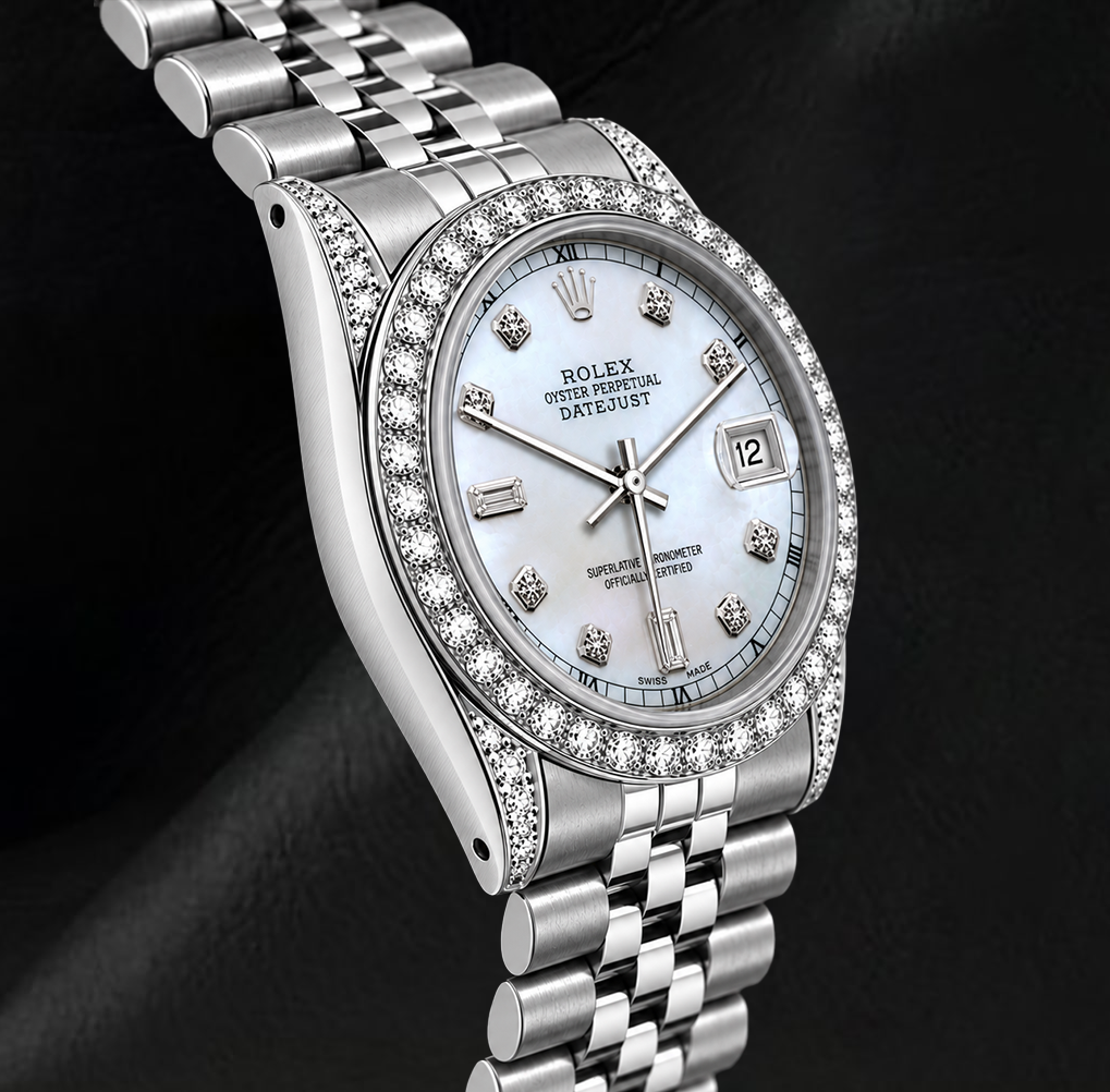 Rolex Datejust 36 mm 16200 Edelstahl-Uhr mit Diamantzifferblatt aus weißem Perlmutt