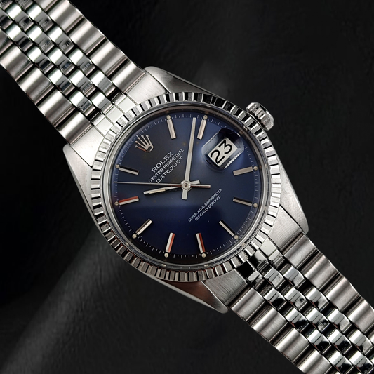 Rolex Datejust 36 mm Edelstahluhr aus dem Jahr 1986, Knick-Zifferblatt mit Stabindizes
