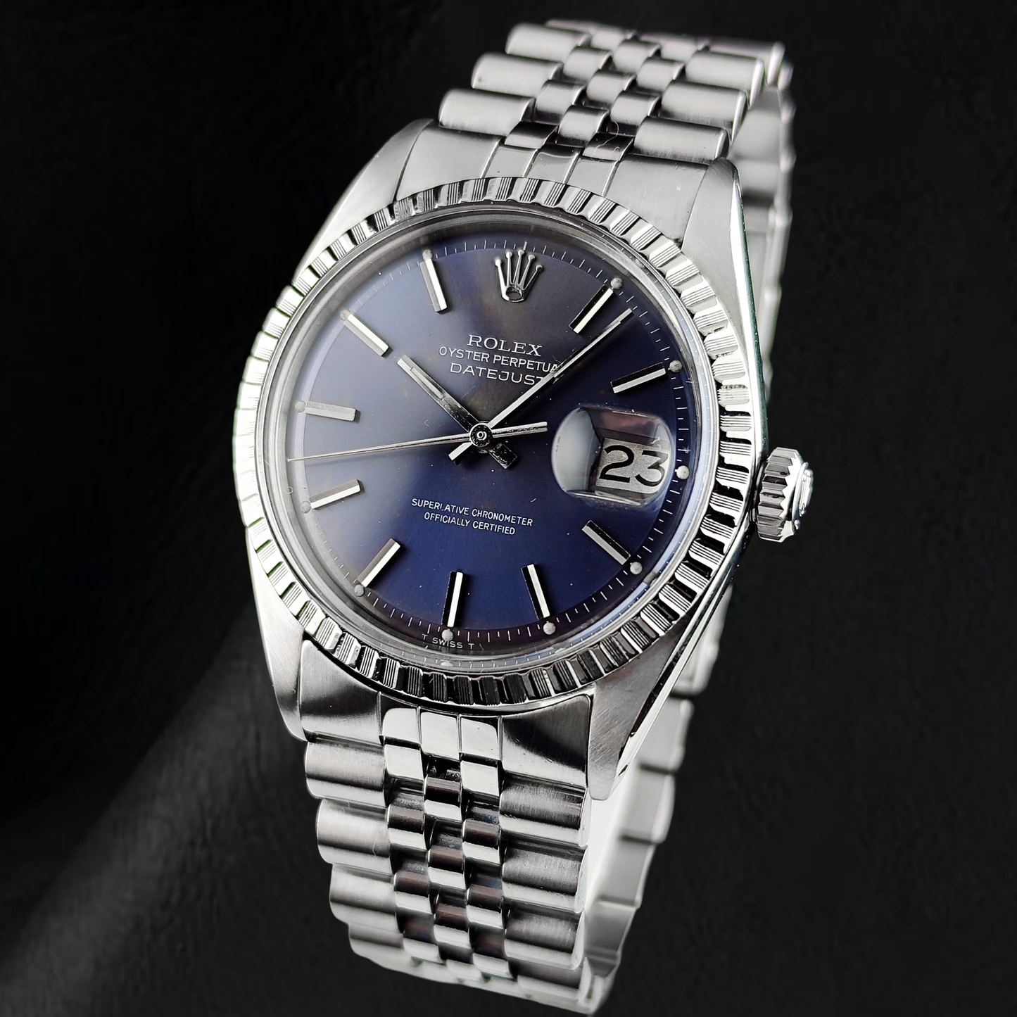 Rolex Datejust 36 mm Edelstahluhr aus dem Jahr 1986, Knick-Zifferblatt mit Stabindizes