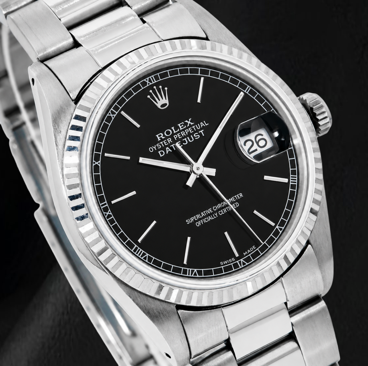 Rolex Datejust 36 mm Edelstahl-Uhr, schwarzes Zifferblatt mit Stabindizes, Oyster-Armband