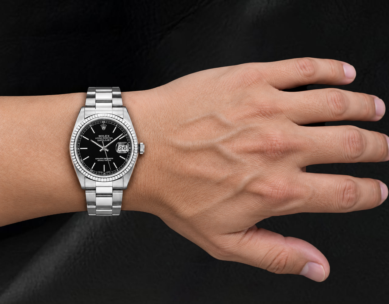 Rolex Datejust 36 mm Edelstahl-Uhr, schwarzes Zifferblatt mit Stabindizes, Oyster-Armband