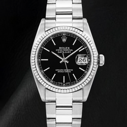 Rolex Datejust 36 mm Edelstahl-Uhr, schwarzes Zifferblatt mit Stabindizes, Oyster-Armband