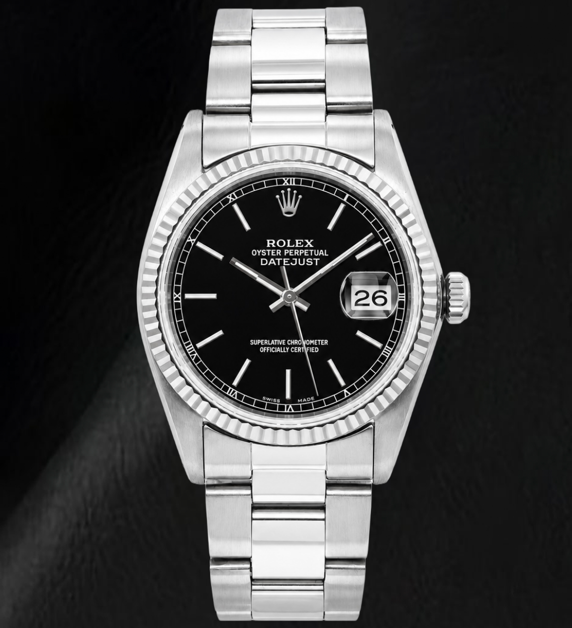 Rolex Datejust 36 mm Edelstahl-Uhr, schwarzes Zifferblatt mit Stabindizes, Oyster-Armband