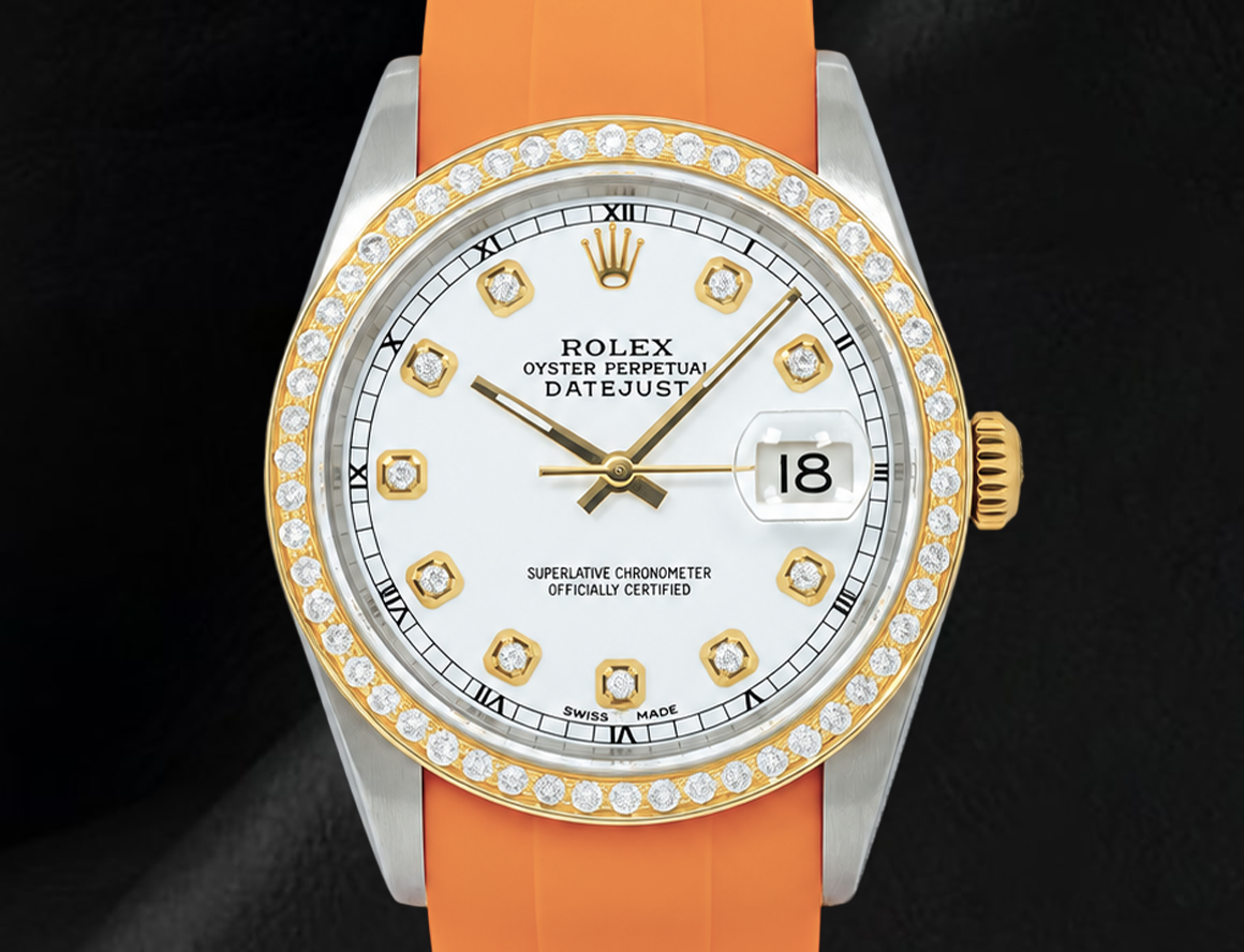 Rolex Datejust 16013 36 mm Uhr mit weißem Diamantzifferblatt und orangefarbenem Kautschukarmband