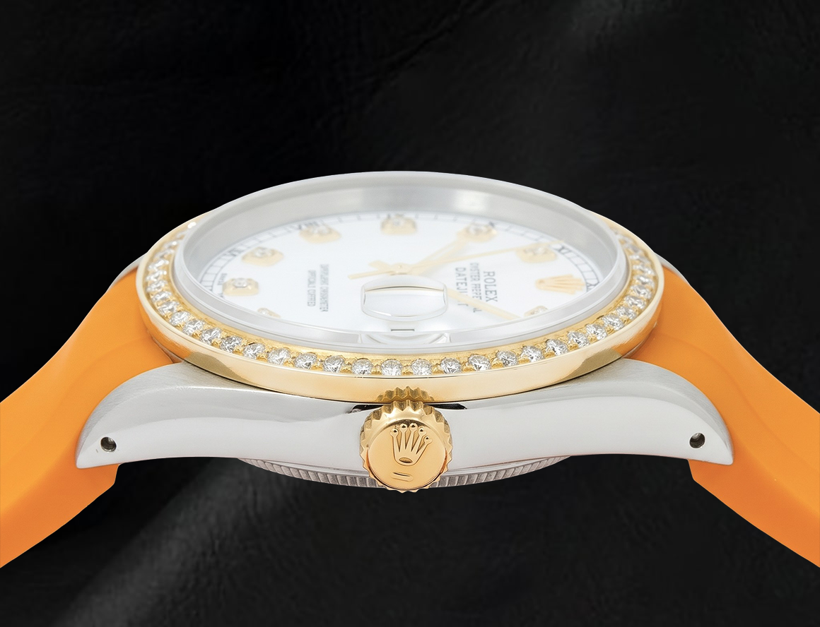 Rolex Datejust 16013 36 mm Uhr mit weißem Diamantzifferblatt und orangefarbenem Kautschukarmband