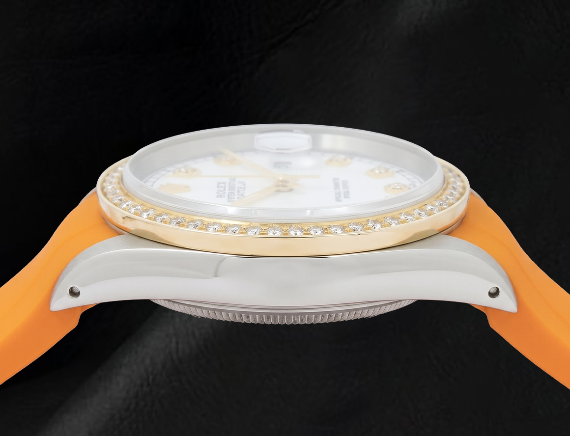Rolex Datejust 16013 36 mm Uhr mit weißem Diamantzifferblatt und orangefarbenem Kautschukarmband
