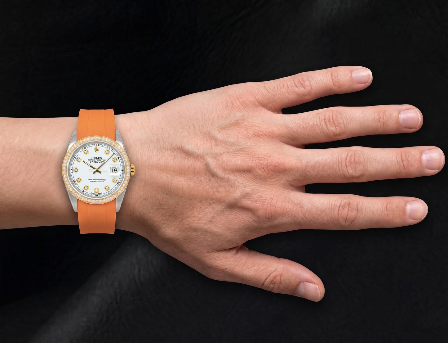 Rolex Datejust 16013 36 mm Uhr mit weißem Diamantzifferblatt und orangefarbenem Kautschukarmband
