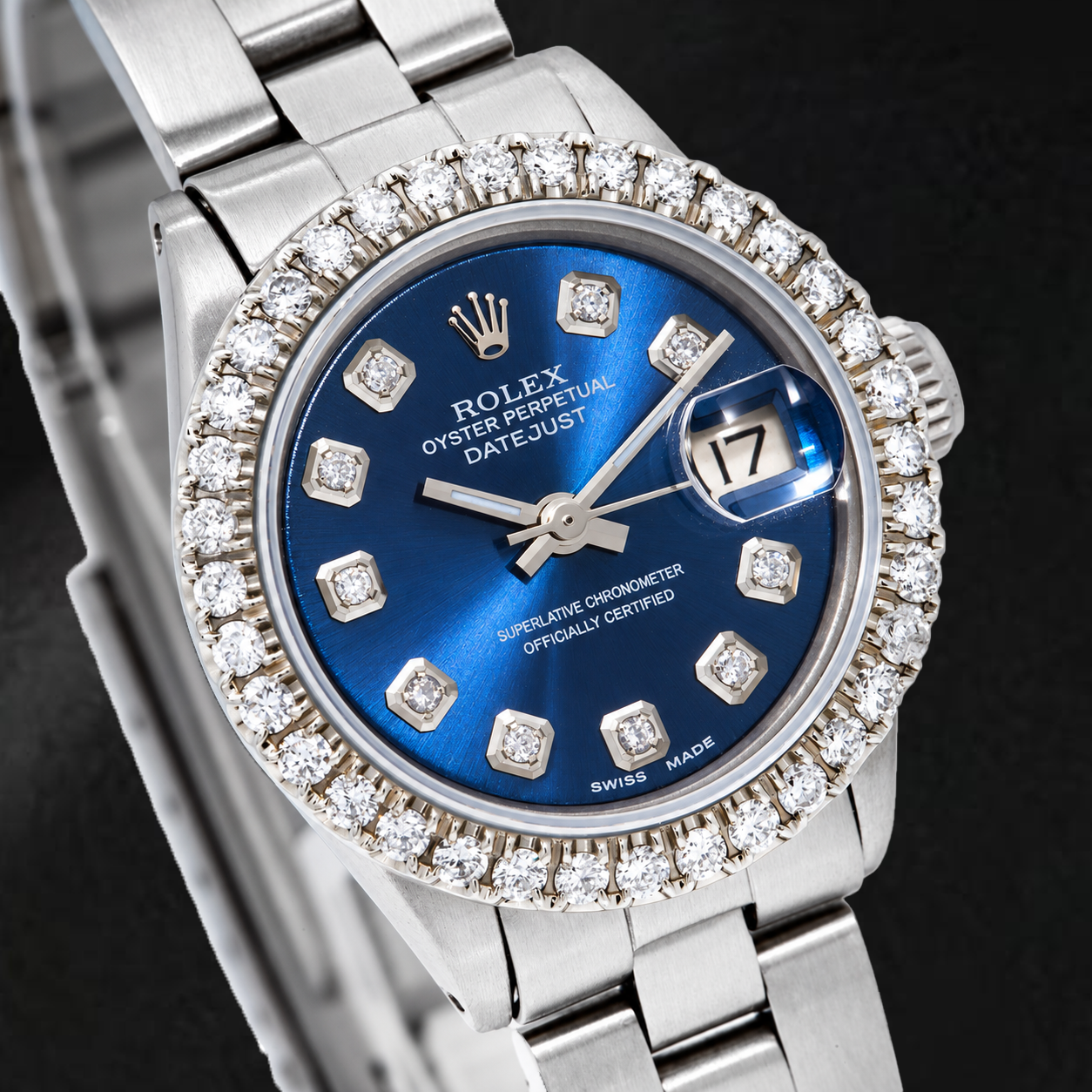 Rolex Datejust 6516 26 mm Uhr aus Edelstahl mit blauem Diamantzifferblatt und Oyster-Armband