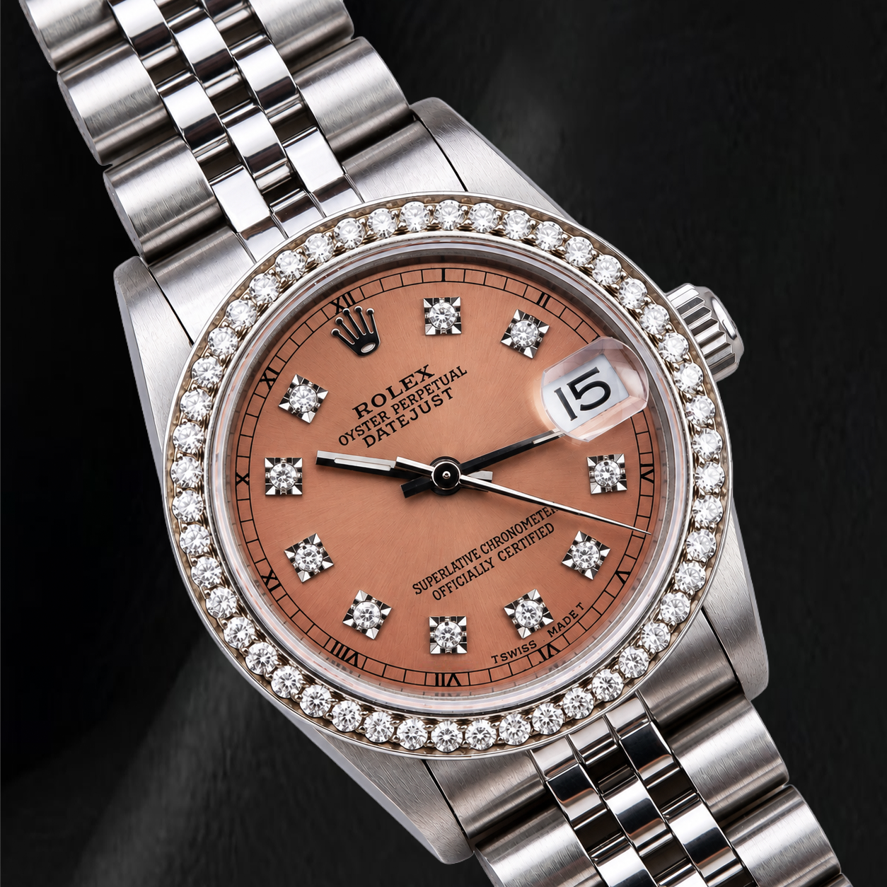 Rolex Datejust 68240 Lachsfarbenes werkseitiges Diamantzifferblatt 31 mm Edelstahl Uhr
