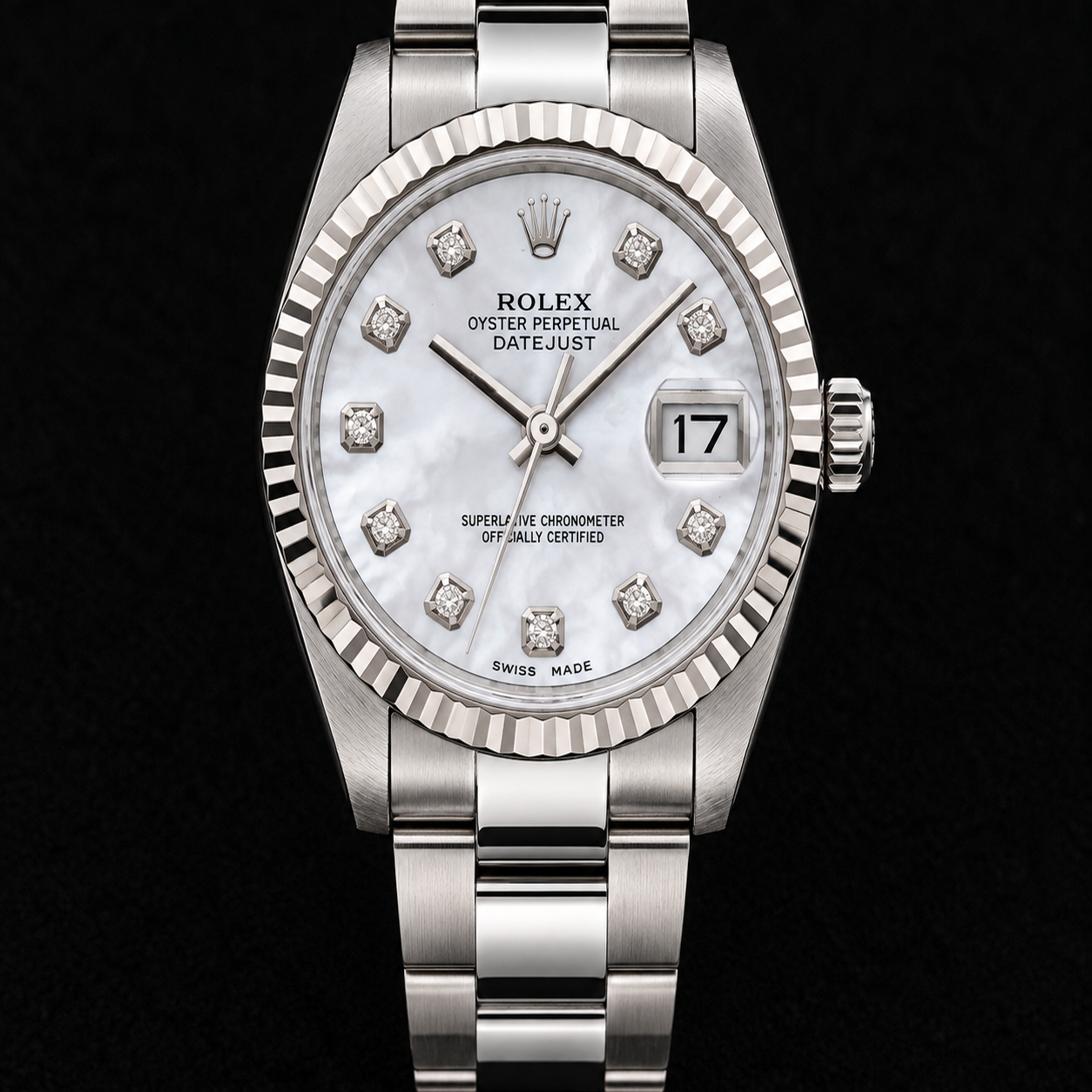 Rolex Datejust 68241 31 mm Uhr aus Edelstahl mit Diamantzifferblatt aus weißem Perlmutt