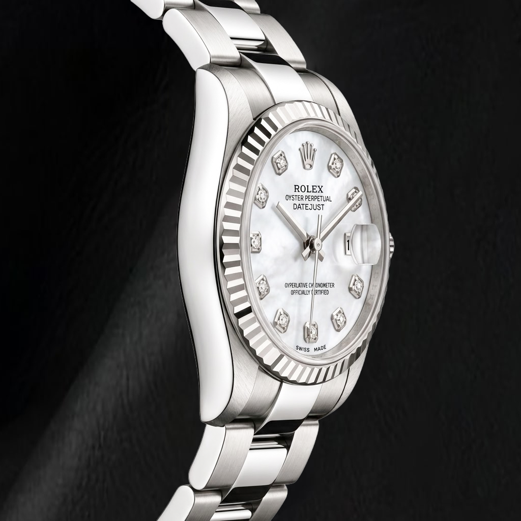Rolex Datejust 68241 31 mm Uhr aus Edelstahl mit Diamantzifferblatt aus weißem Perlmutt