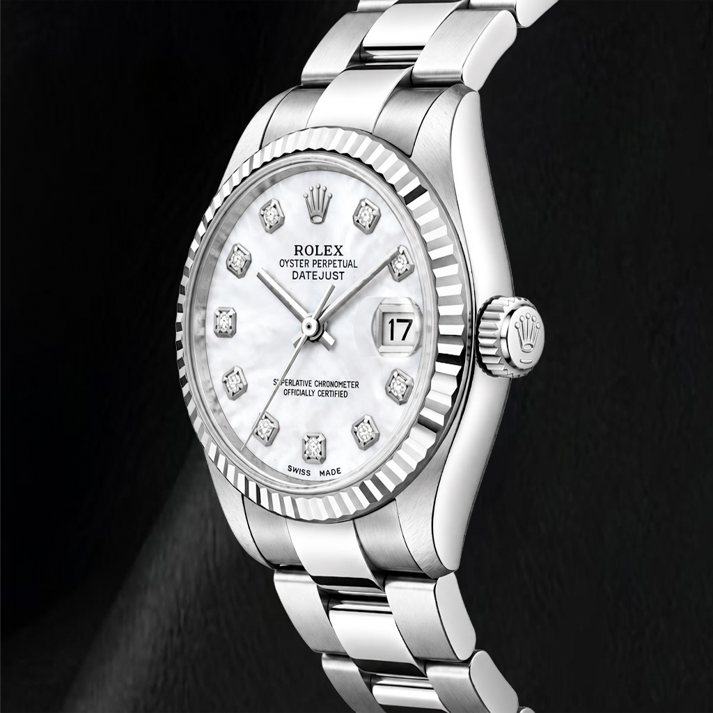 Rolex Datejust 68241 31 mm Uhr aus Edelstahl mit Diamantzifferblatt aus weißem Perlmutt