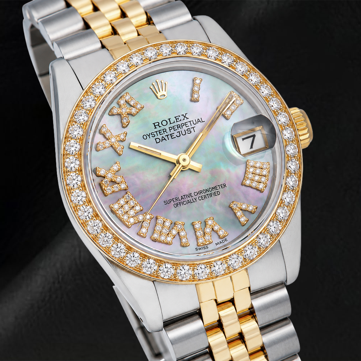 Rolex Datejust 6824 31 mm Schwarzes Perlmutt-Diamantzifferblatt mit römischen Ziffern Bicolor Jubilé-Armband