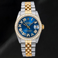Rolex Datejust 6824 31 mm Uhr, blaues römisches Diamantzifferblatt, Bicolor Jubilé-Armband