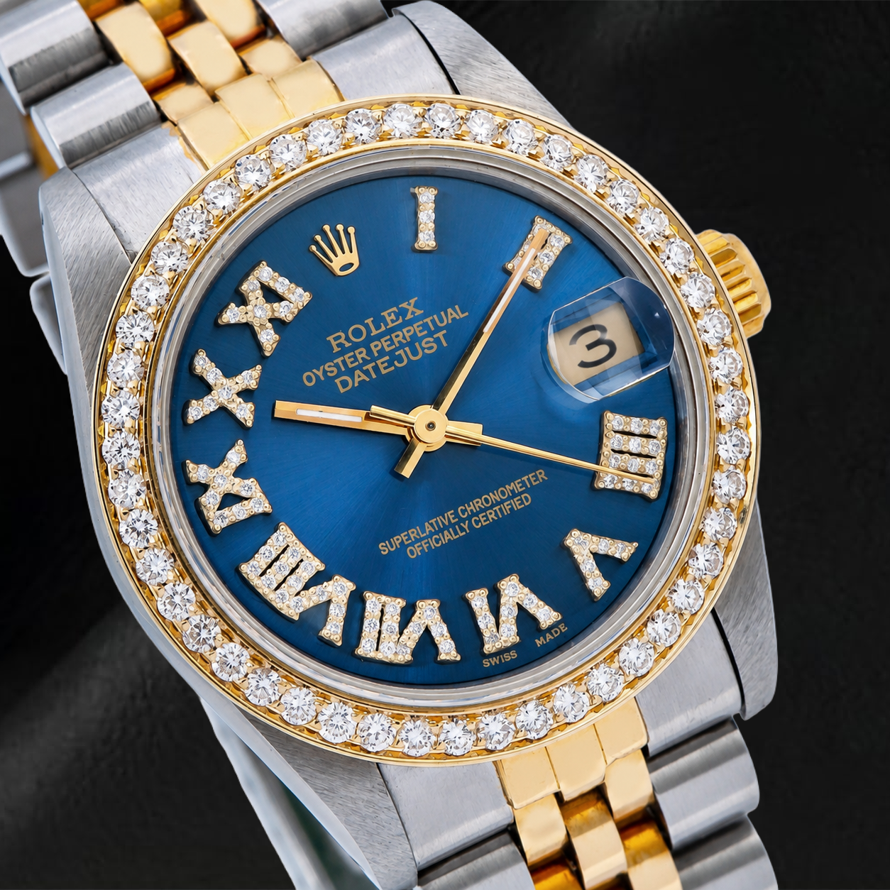 Rolex Datejust 6824 31 mm Uhr, blaues römisches Diamantzifferblatt, Bicolor Jubilé-Armband