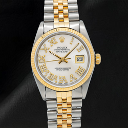 Rolex Datejust 6824 31 mm Uhr mit weißem Perlmutt-Diamantzifferblatt, römischen Ziffern und Bicolor Jubilé-Armband