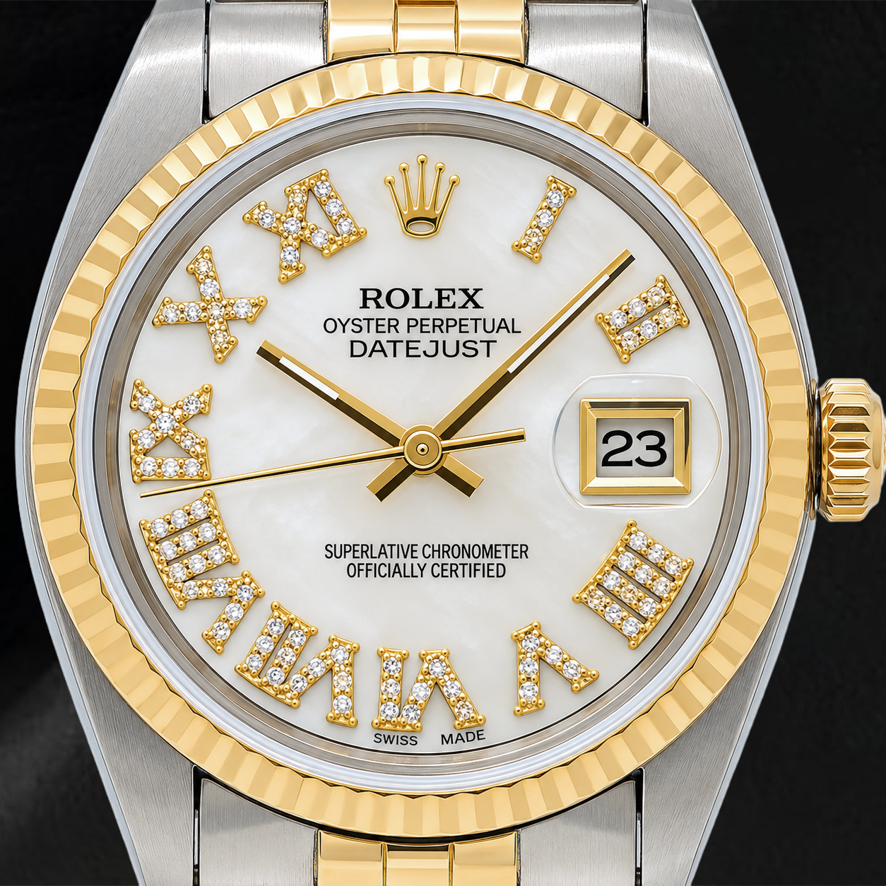 Rolex Datejust 6824 31 mm Uhr mit weißem Perlmutt-Diamantzifferblatt, römischen Ziffern und Bicolor Jubilé-Armband