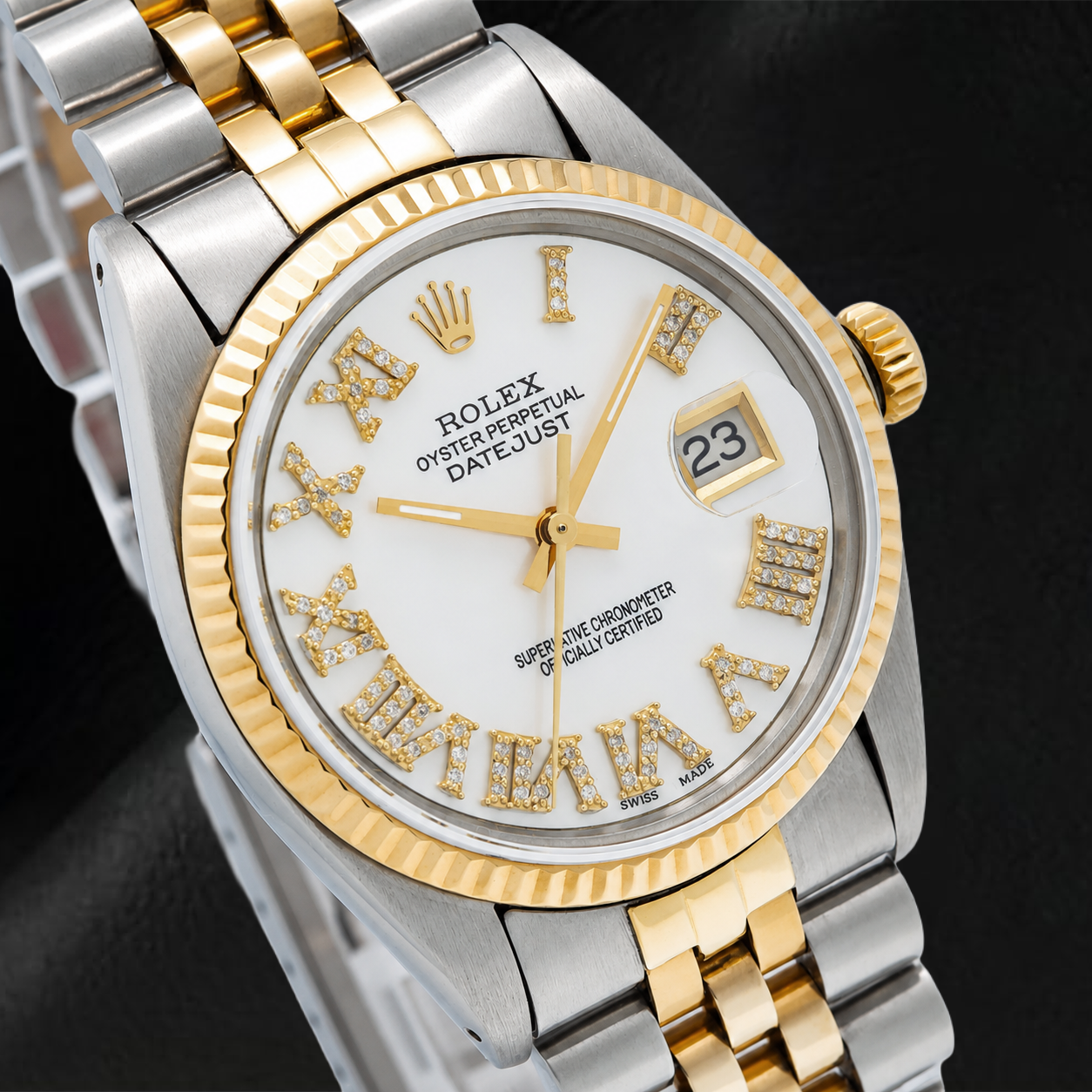 Rolex Datejust 6824 31 mm Uhr mit weißem Perlmutt-Diamantzifferblatt, römischen Ziffern und Bicolor Jubilé-Armband