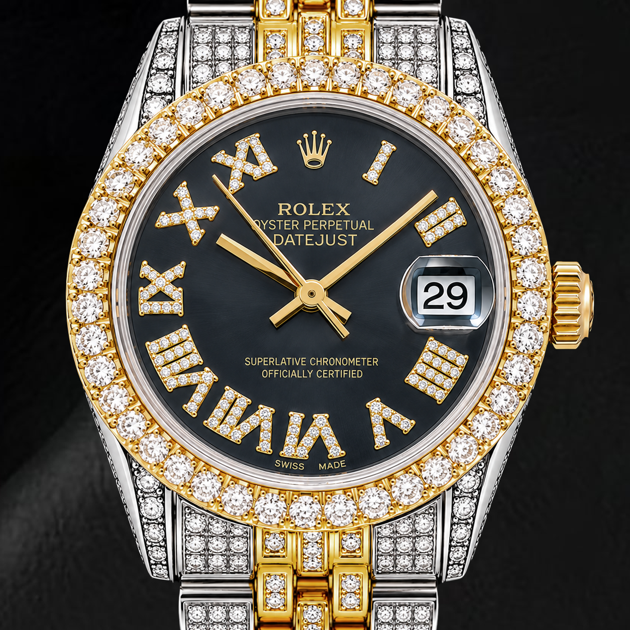 Rolex Datejust 68273 31 mm Bicolor Uhr mit schwarzem römischem Diamantzifferblatt