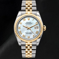 Rolex Datejust 68273 31 mm Bicolor Uhr mit blauem Perlmutt-Zifferblatt und römischen Ziffern