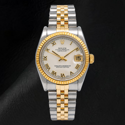 Rolex Datejust 68273 31 mm Bicolor Uhr mit elfenbeinfarbenem Zifferblatt und römischen Ziffern