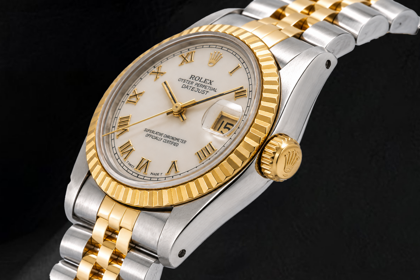 Rolex Datejust 68273 31 mm Bicolor Uhr mit elfenbeinfarbenem Zifferblatt und römischen Ziffern