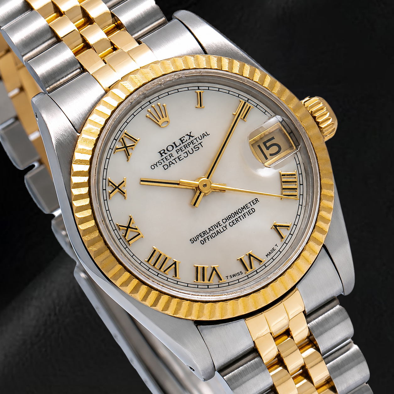 Rolex Datejust 68273 31 mm Bicolor Uhr mit elfenbeinfarbenem Zifferblatt und römischen Ziffern