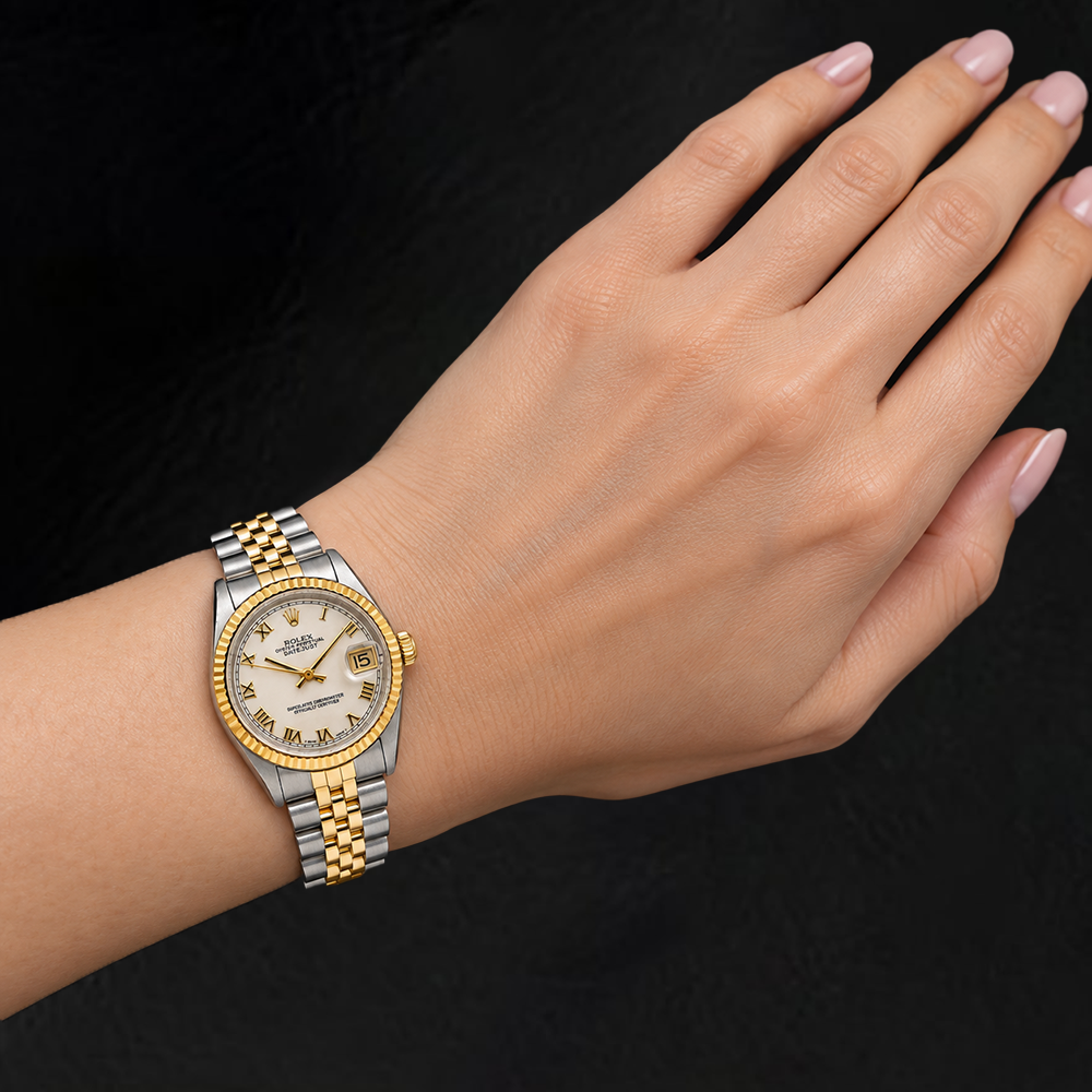 Rolex Datejust 68273 31 mm Bicolor Uhr mit elfenbeinfarbenem Zifferblatt und römischen Ziffern