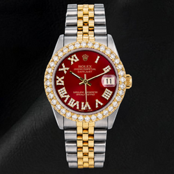 Rolex Datejust 68273 31 mm Uhr, rotes römisches Diamantzifferblatt, Bicolor, Jubilé-Armband