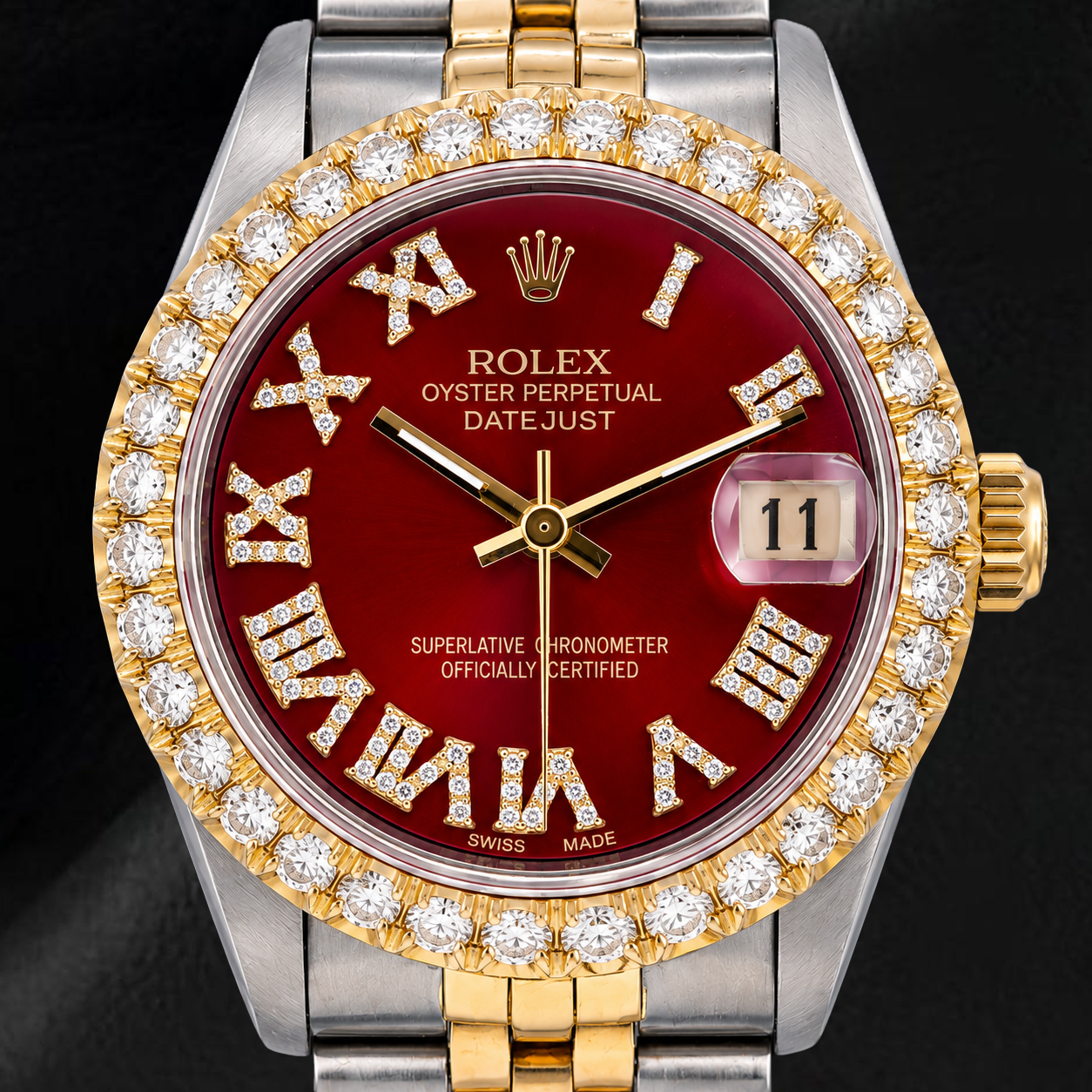 Rolex Datejust 68273 31 mm Uhr, rotes römisches Diamantzifferblatt, Bicolor, Jubilé-Armband
