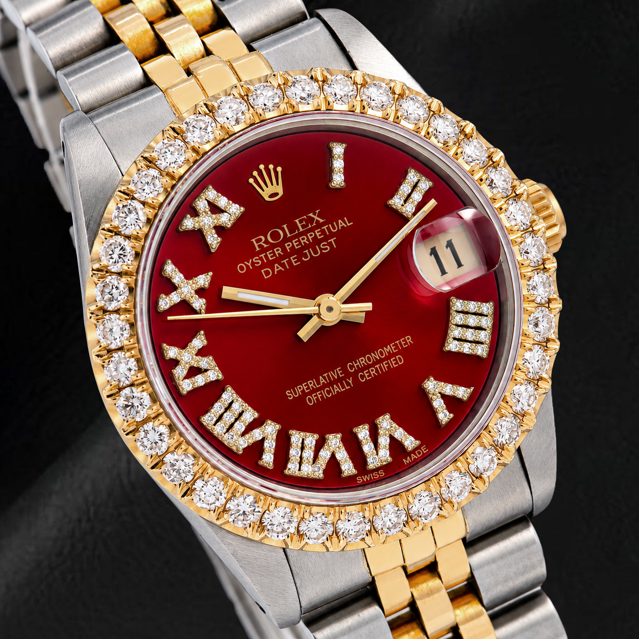Rolex Datejust 68273 31 mm Uhr, rotes römisches Diamantzifferblatt, Bicolor, Jubilé-Armband
