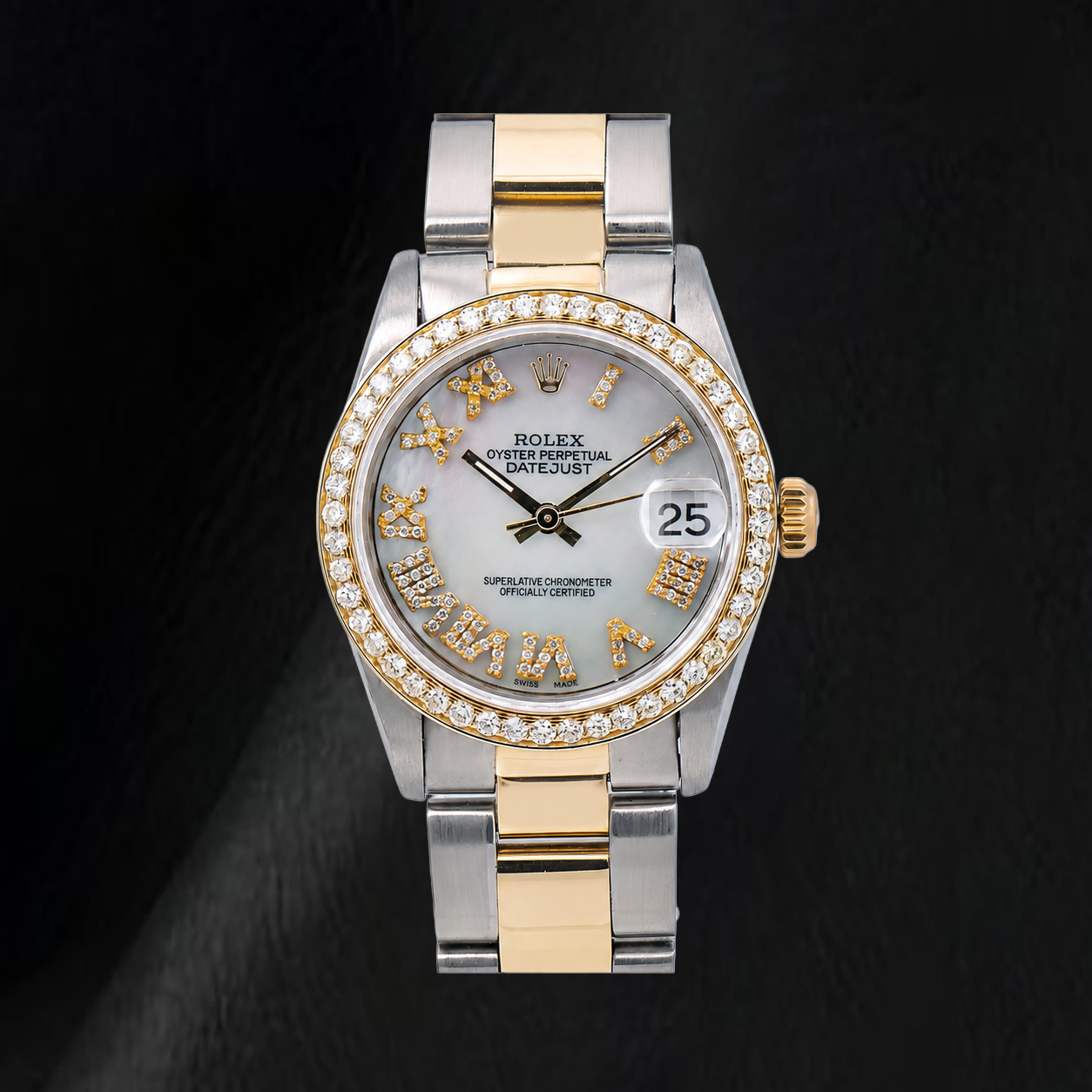 Rolex Datejust 68273 31 mm Bicolor Uhr, weißes Perlmutt-Diamantzifferblatt mit römischen Ziffern
