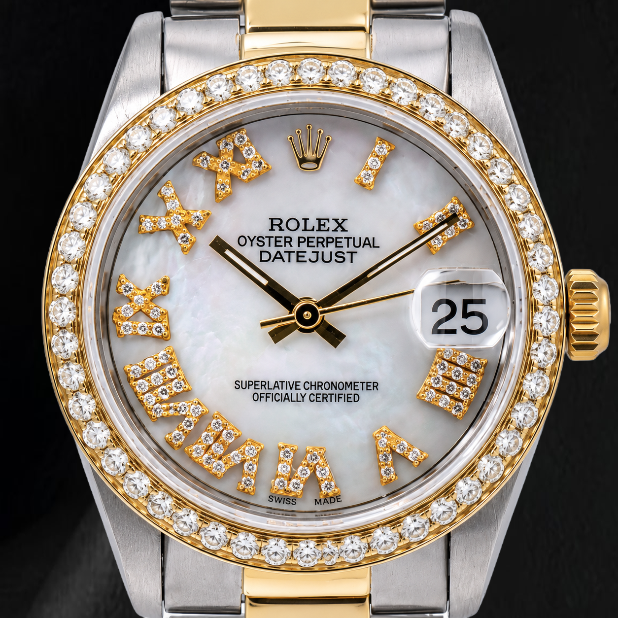 Rolex Datejust 68273 31 mm Bicolor Uhr, weißes Perlmutt-Diamantzifferblatt mit römischen Ziffern