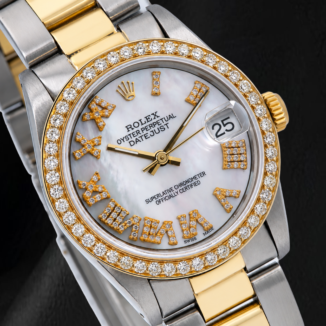 Rolex Datejust 68273 31 mm Bicolor Uhr, weißes Perlmutt-Diamantzifferblatt mit römischen Ziffern