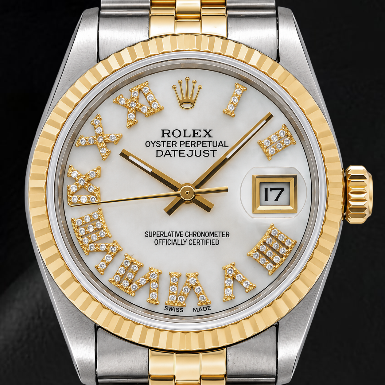 Rolex Datejust 68273 31 mm Bicolor Uhr mit weißem Perlmutt-Diamantzifferblatt und römischen Ziffern