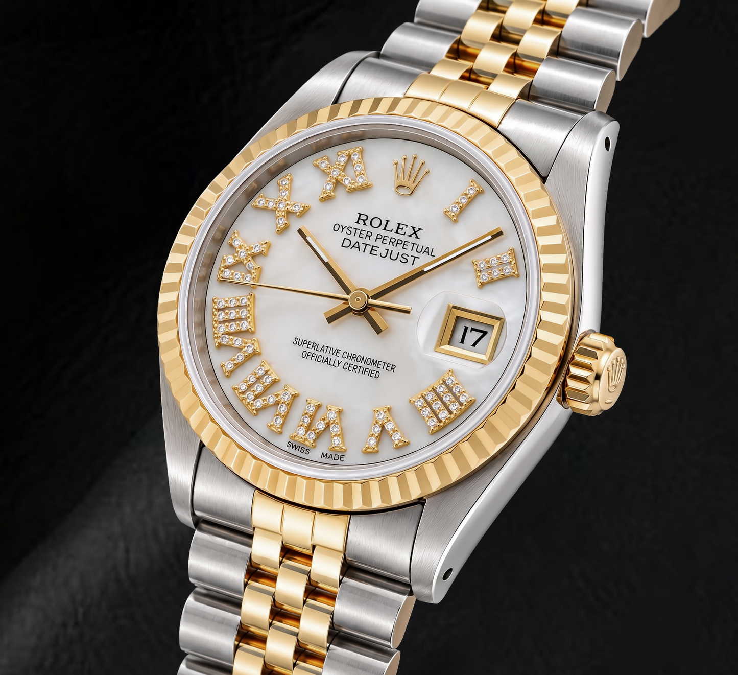 Rolex Datejust 68273 31 mm Bicolor Uhr mit weißem Perlmutt-Diamantzifferblatt und römischen Ziffern