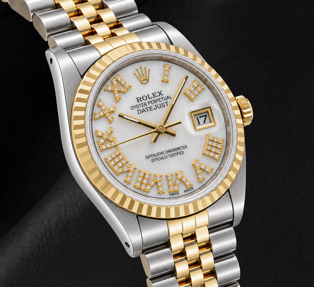 Rolex Datejust 68273 31 mm Bicolor Uhr mit weißem Perlmutt-Diamantzifferblatt und römischen Ziffern