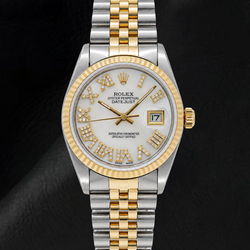 Rolex Datejust 68273 31 mm Bicolor Uhr mit weißem Perlmutt-Diamantzifferblatt und römischen Ziffern
