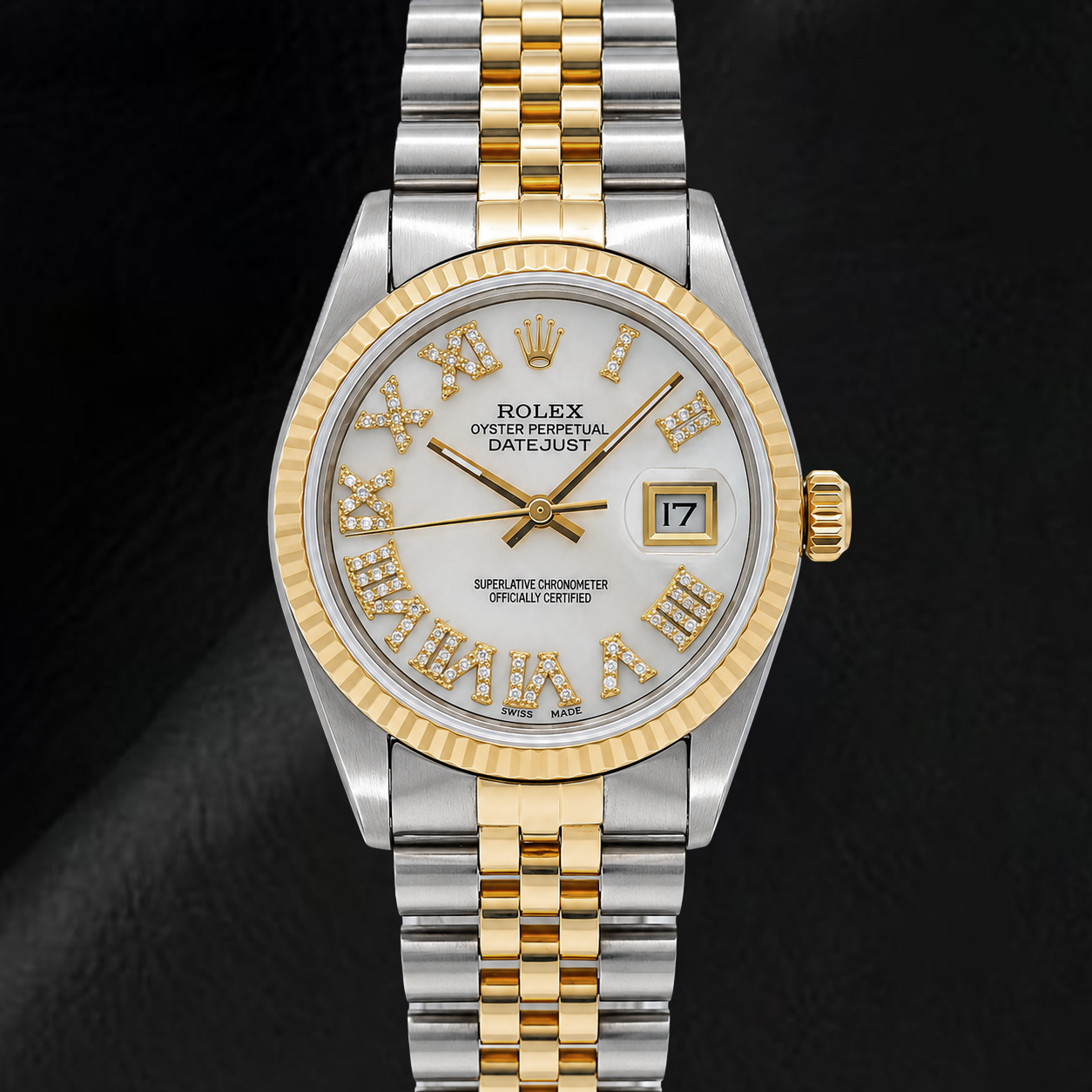 Rolex Datejust 68273 31 mm Bicolor Uhr mit weißem Perlmutt-Diamantzifferblatt und römischen Ziffern