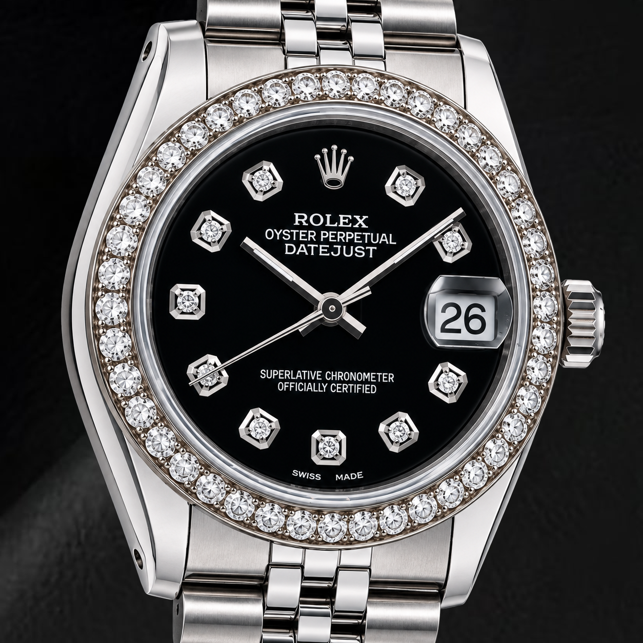 Rolex Datejust 68274 31 mm Armbanduhr aus Edelstahl mit schwarzem Diamantzifferblatt