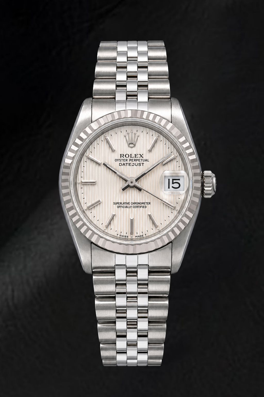 Rolex Datejust 68274 31 mm Edelstahluhr mit silbernem Tapisserie-Zifferblatt mit Stabindizes